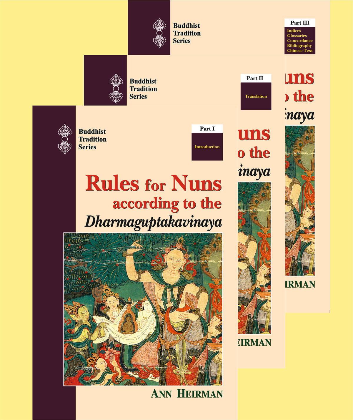 Book cover for 'Rules for Nuns according to the Dharmaguptakavinaya' by Ann Heirman, showing multiple overlapping volume covers in a Buddhist Tradition Series format on a pale yellow background.