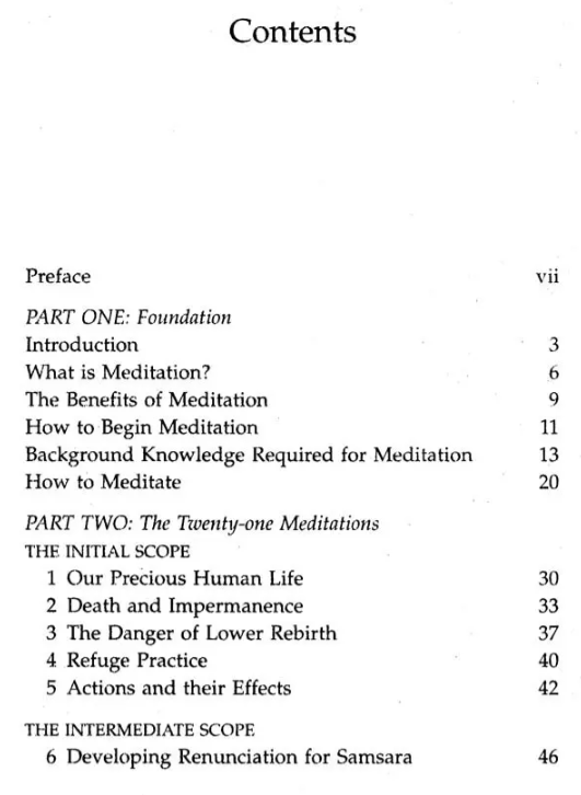 Table of contents for a book on meditation with chapter headings and page numbers.