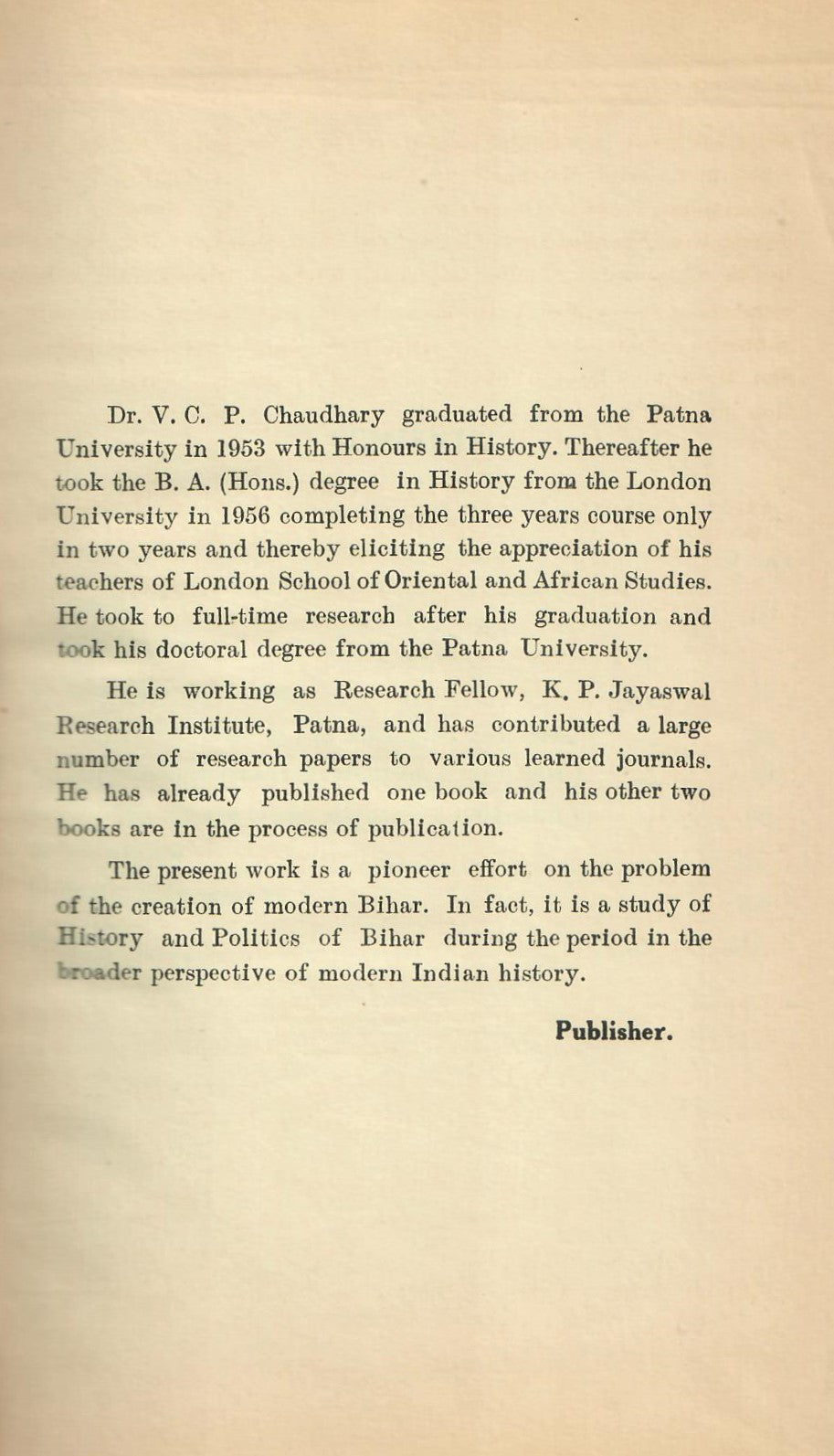 the Creation of Modern Bihar (1964)