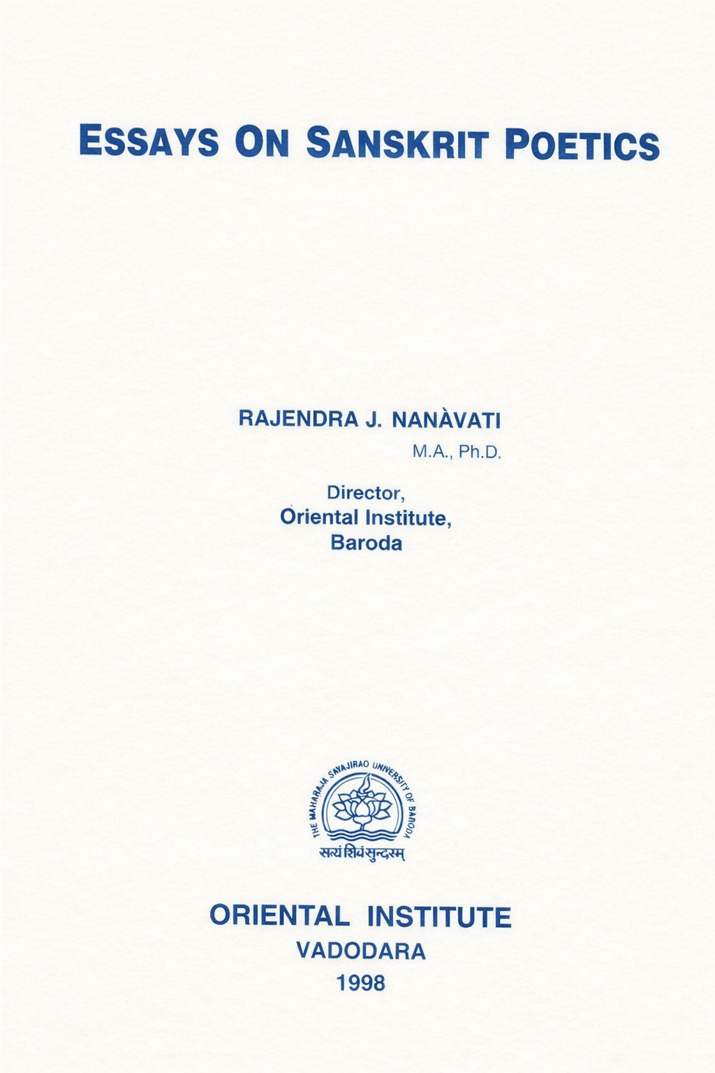 Essays on Sanskrit Poetics  (1998)
