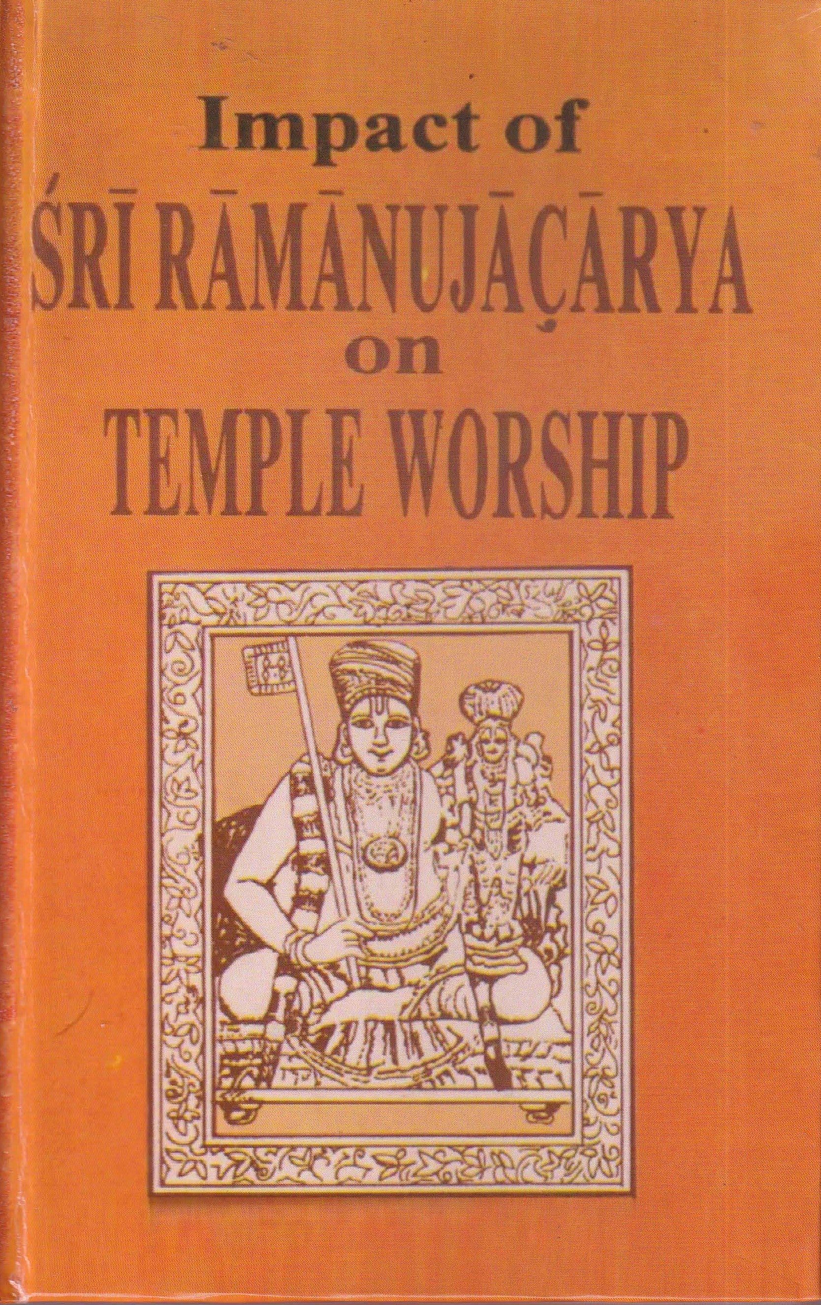 Book cover with text 'Impact of Sri Ramanujacarya on Temple Worship' and an illustration of a deity.