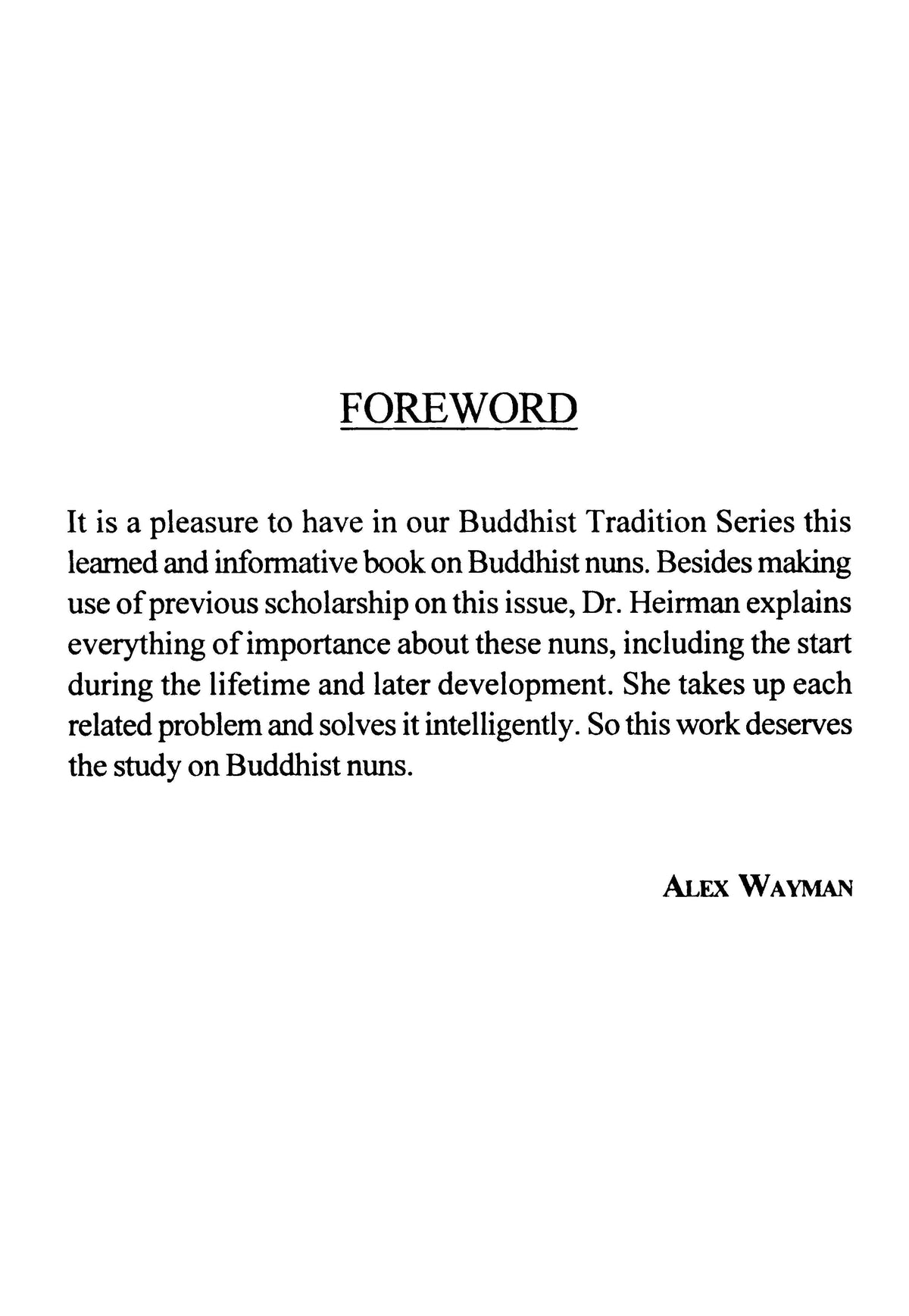 A foreword page from a book or booklet, with the title 'FOREWORD' centered at the top and a paragraph of black text below on a white background, signed Alex Wayman.