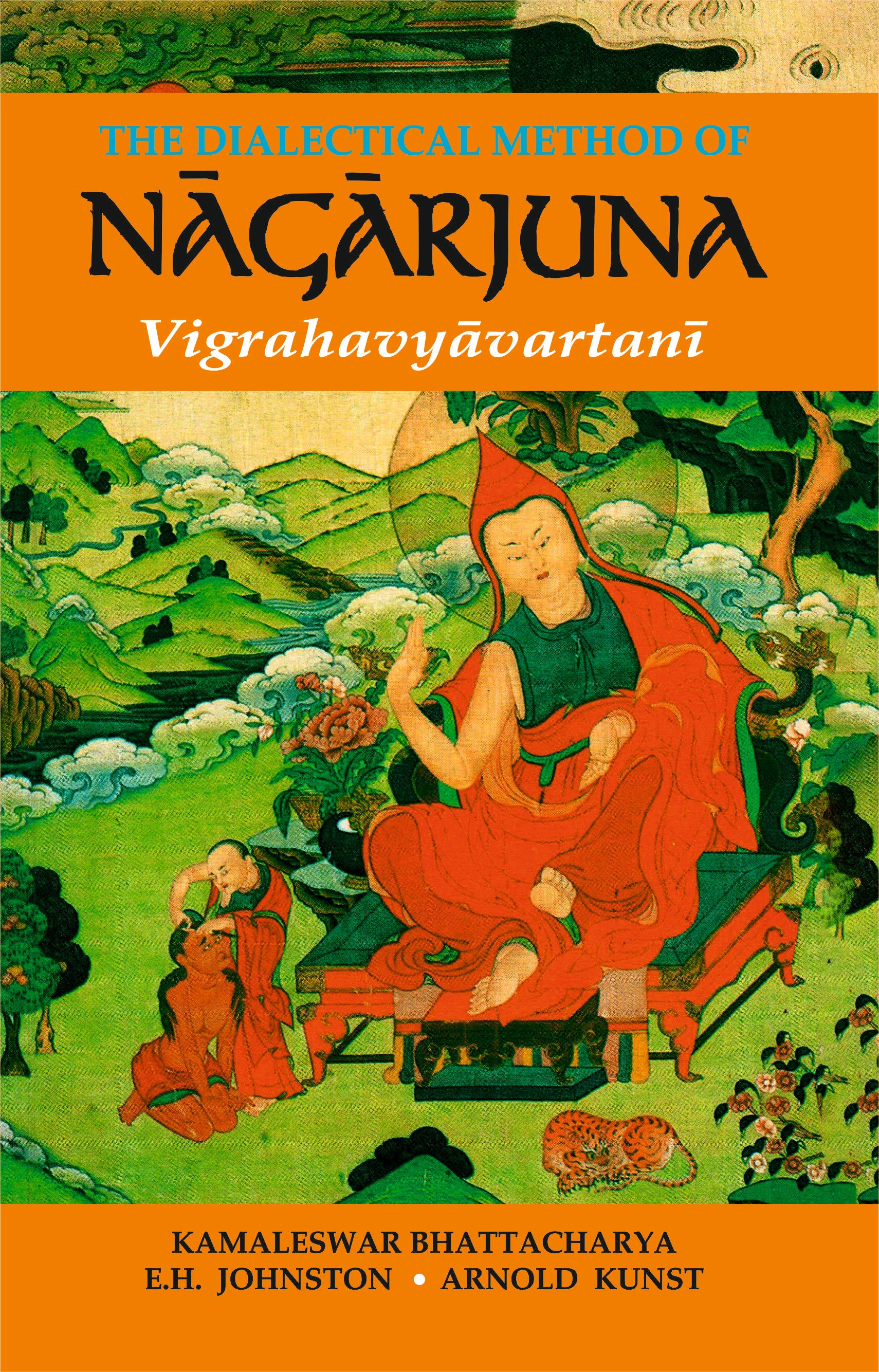 Book cover of 'The Dialectical Method of Nagarjuna' with a colorful illustration of a monk and landscape.