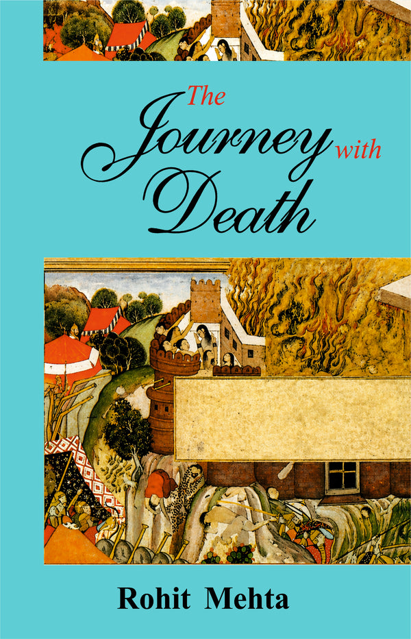 Book cover of 'The Journey with Death' by Rohit Mehta featuring illustrations and a blue background.