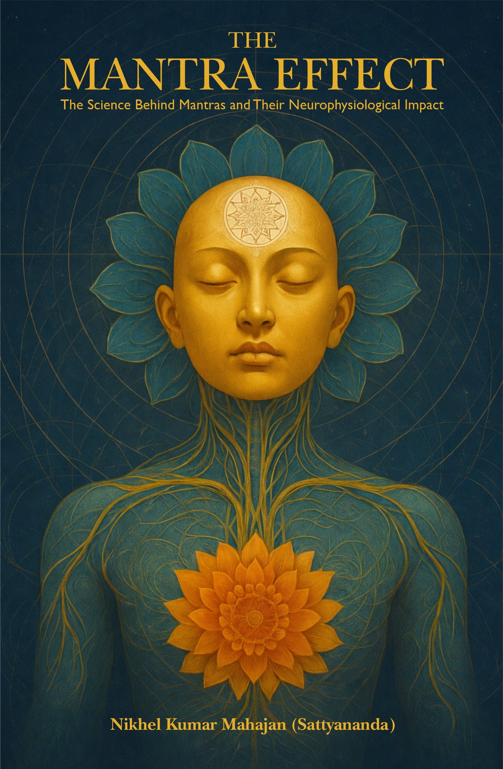 Book cover of 'The Mantra Effect' with a stylized human figure and floral designs on a dark blue background.