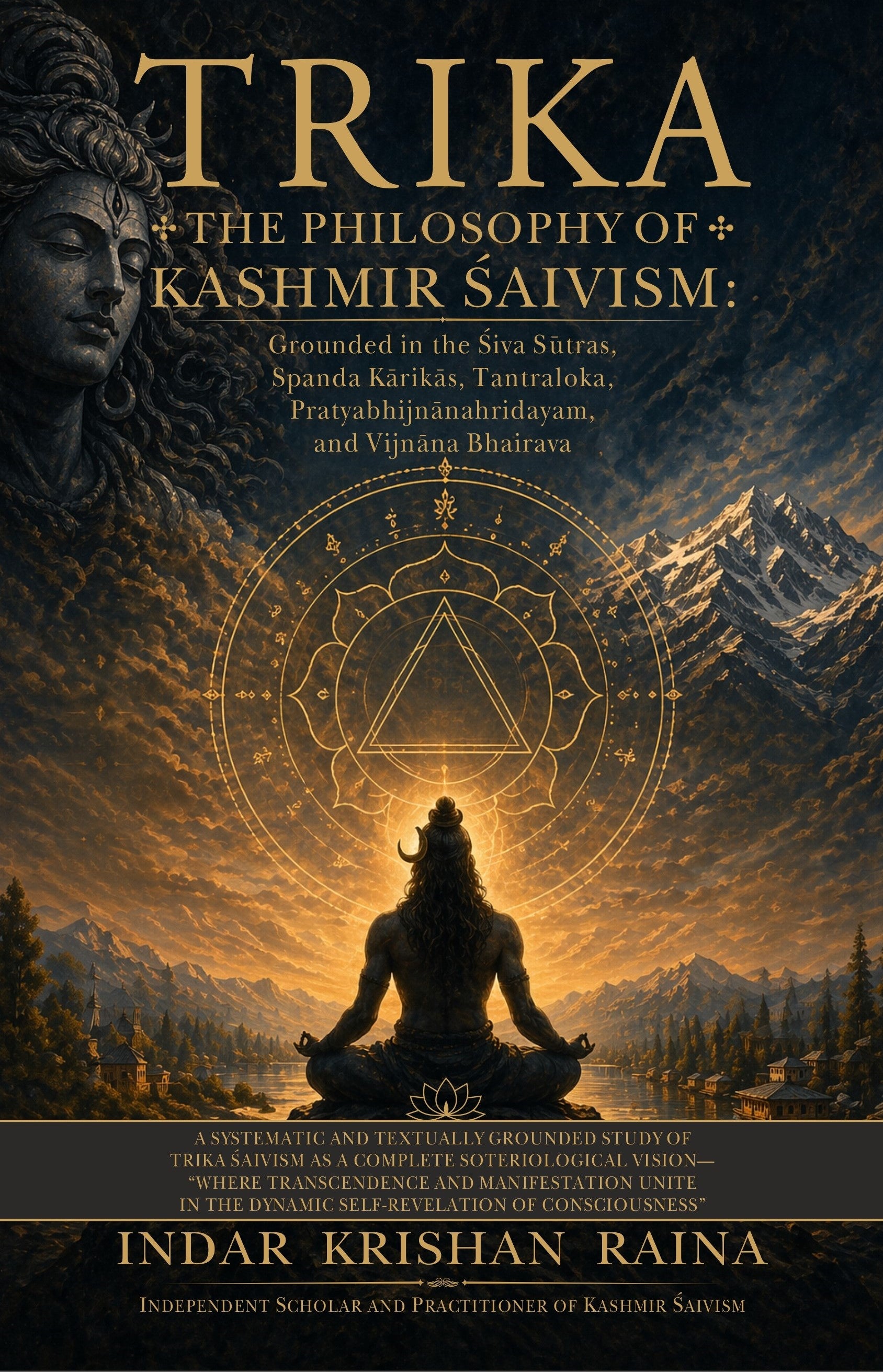 Book cover of 'Trika: The Philosophy of Kashmir Saivism' with mountain and meditation scene