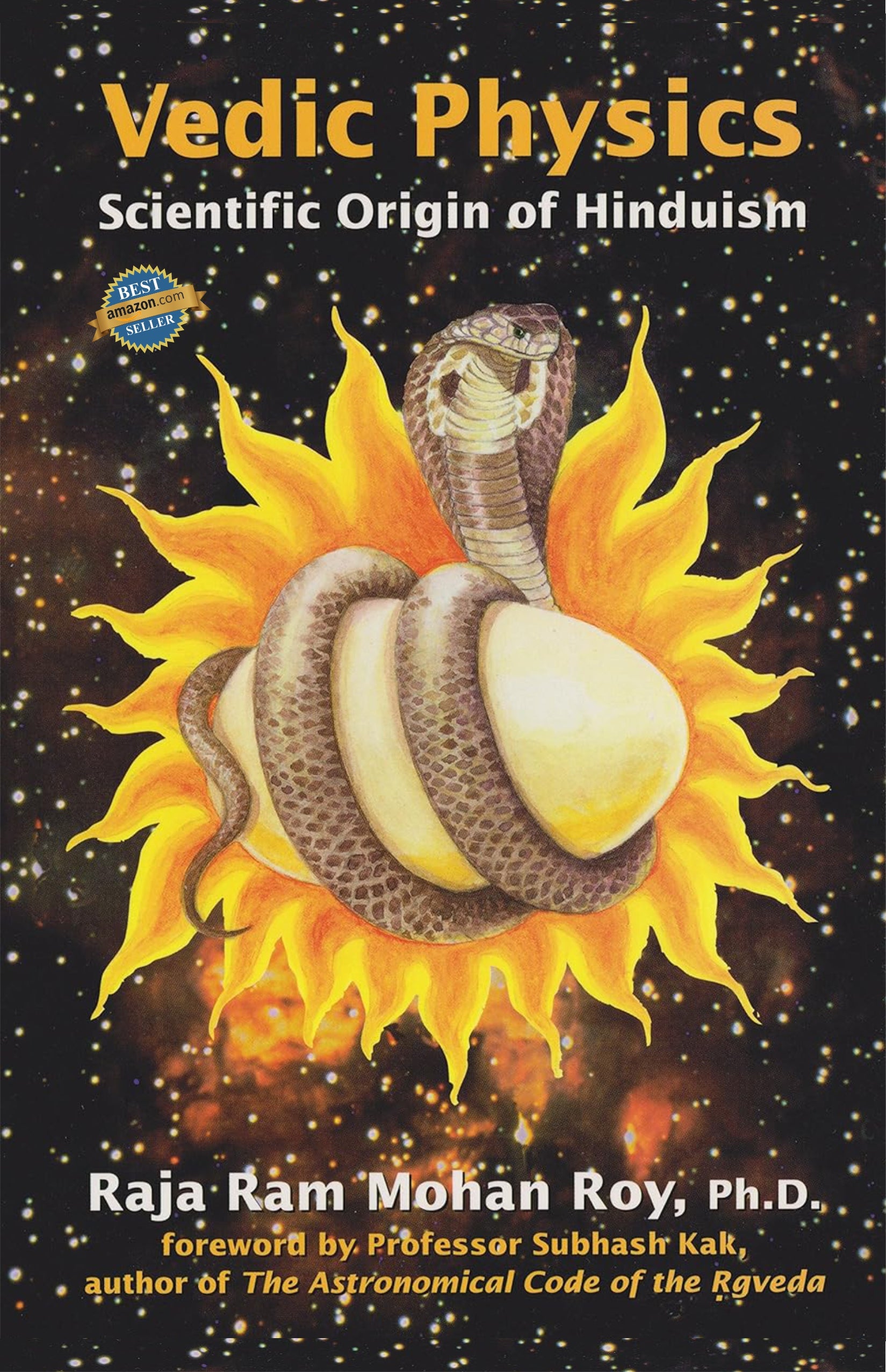 Book cover of 'Vedic Physics: Scientific Origin of Hinduism' with a snake and sun design.