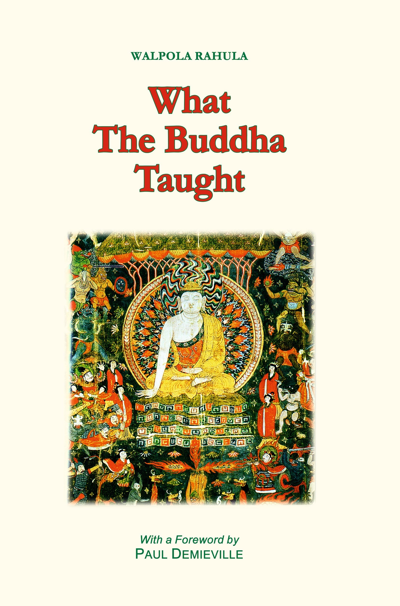 Book cover of 'What the Buddha Taught' with a colorful illustration of Buddha and disciples.